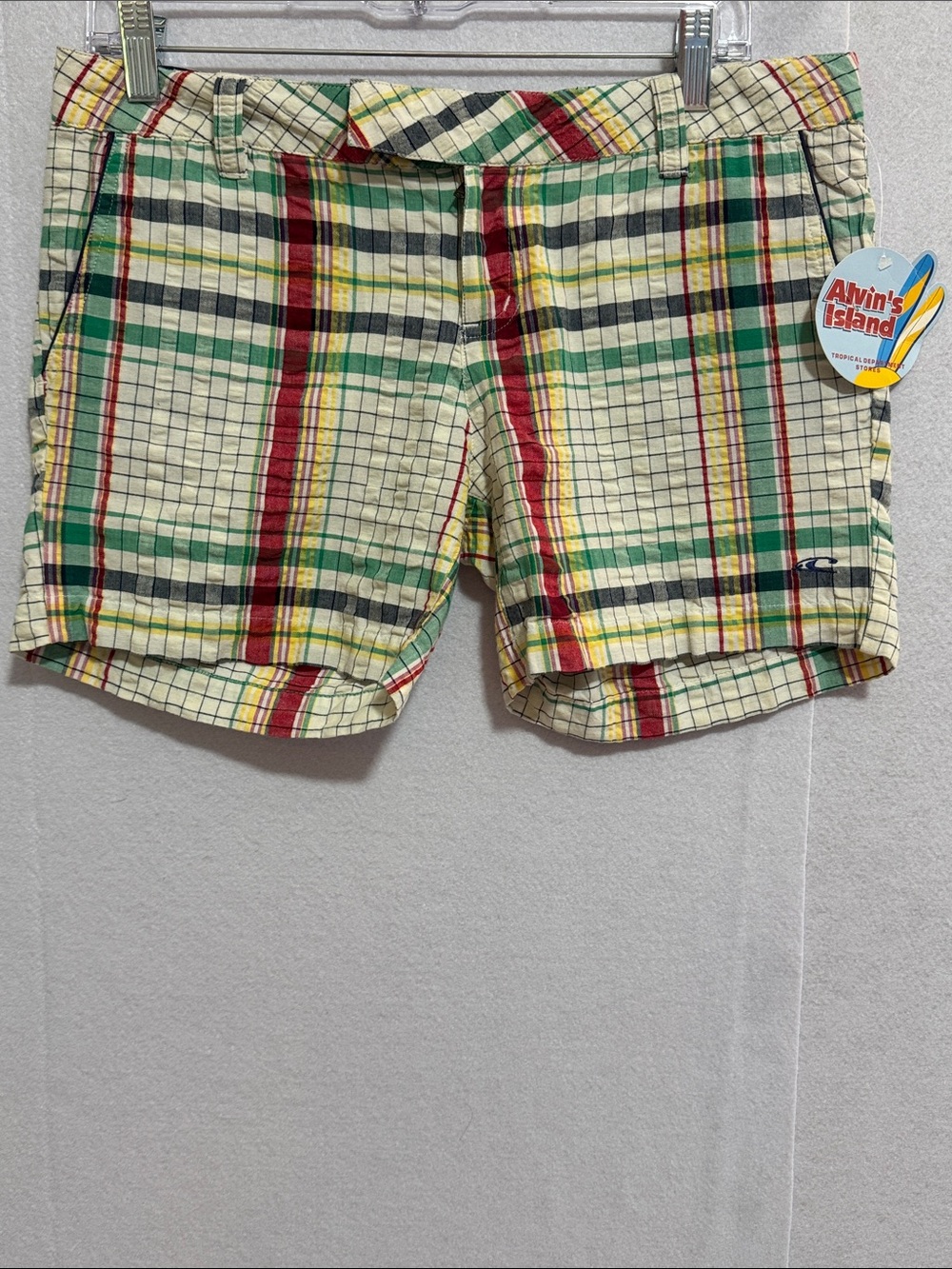 O'Neill 90’s Women's Low Rise Plaid Flat Front Shorts in Cream, Green & Red
